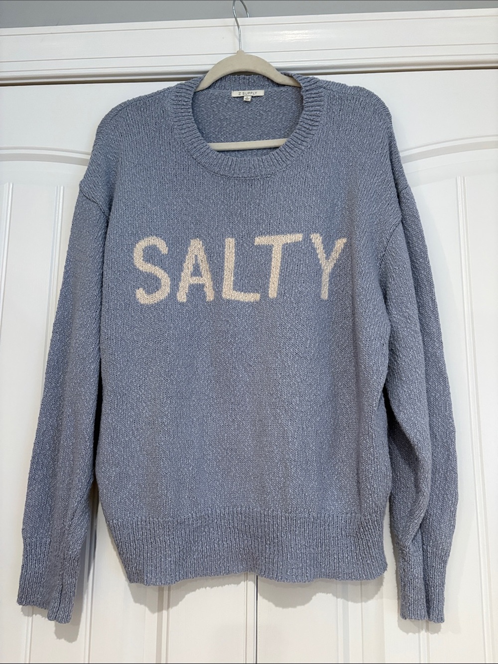 Z Supply Women's 'SALTY' Crewneck Sweater — Light Blue with Cream Lettering